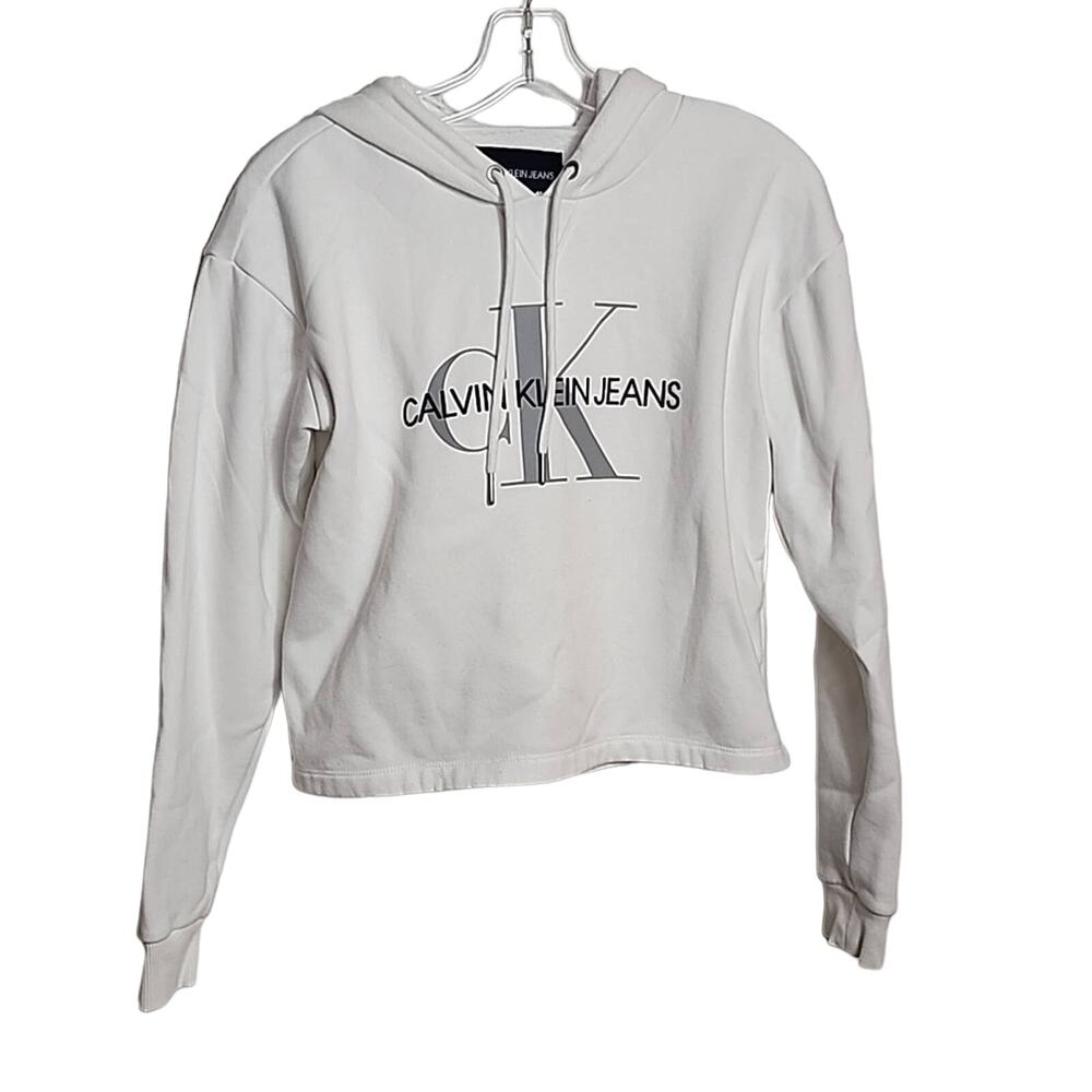 Calvin Klein Jeans White Cropped Hoodie, Small